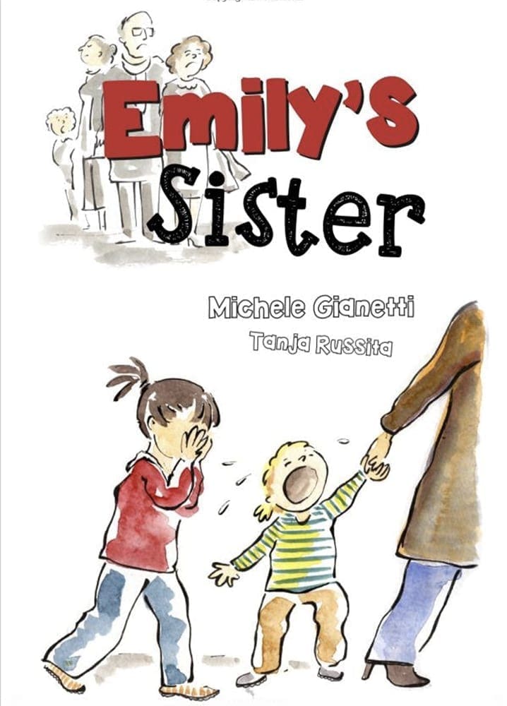 Emily's Sister book cover illustration with two children crying and holding a parent's hand.