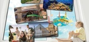 Collage of travel photos and a boy looking out a window.