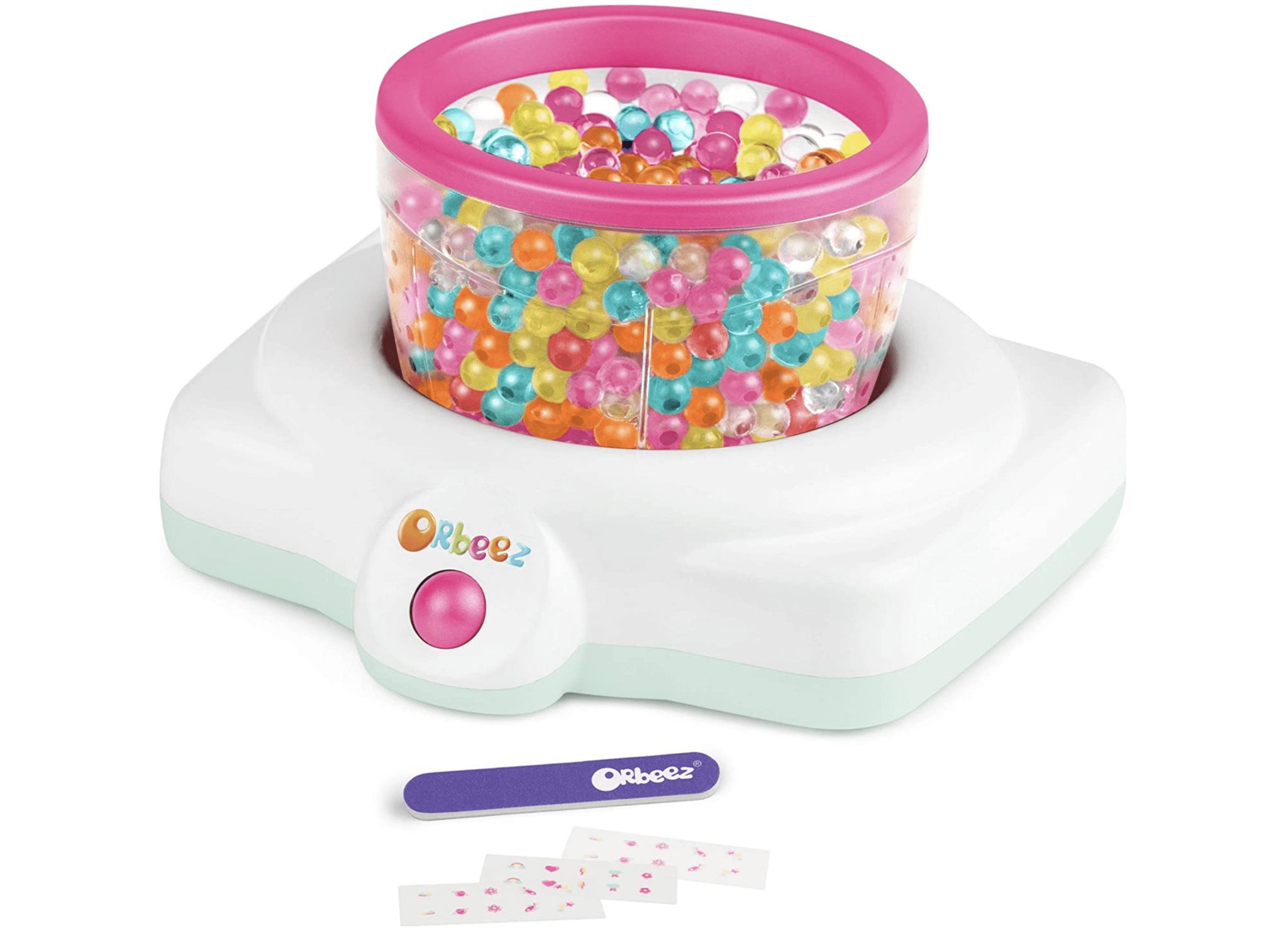 Orbees Spin and Soothe Hand Spa with colorful beads in a clear container and a white base.