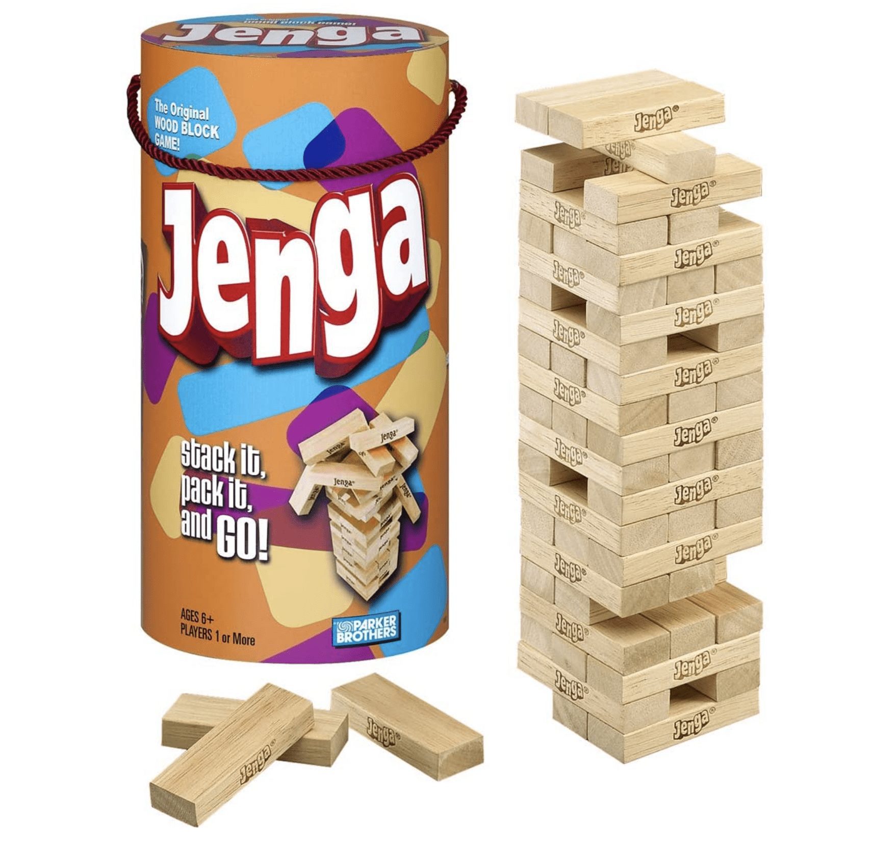 Jenga game box and blocks on a white surface.