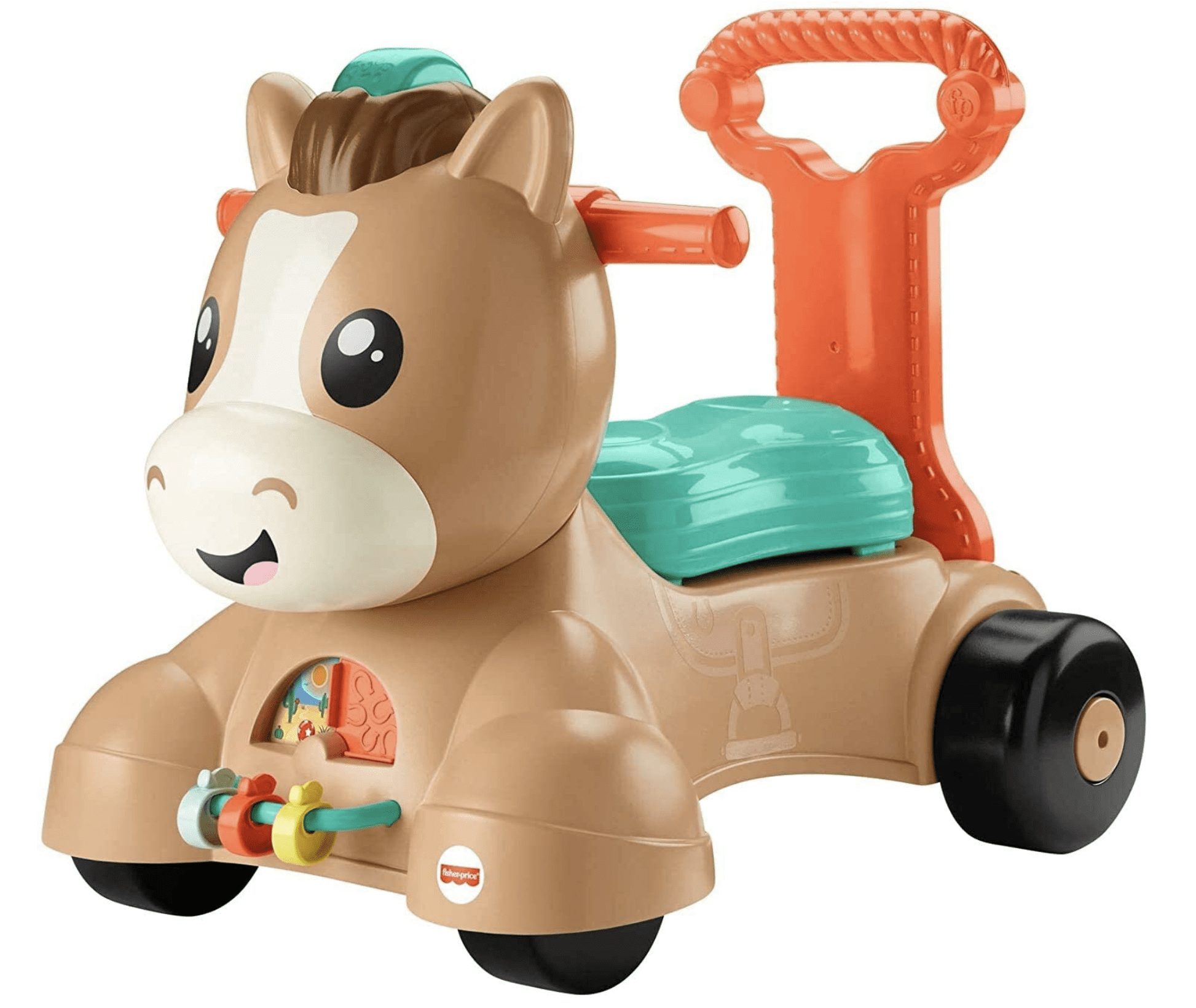 Brown toy horse with orange and teal accents and wheels