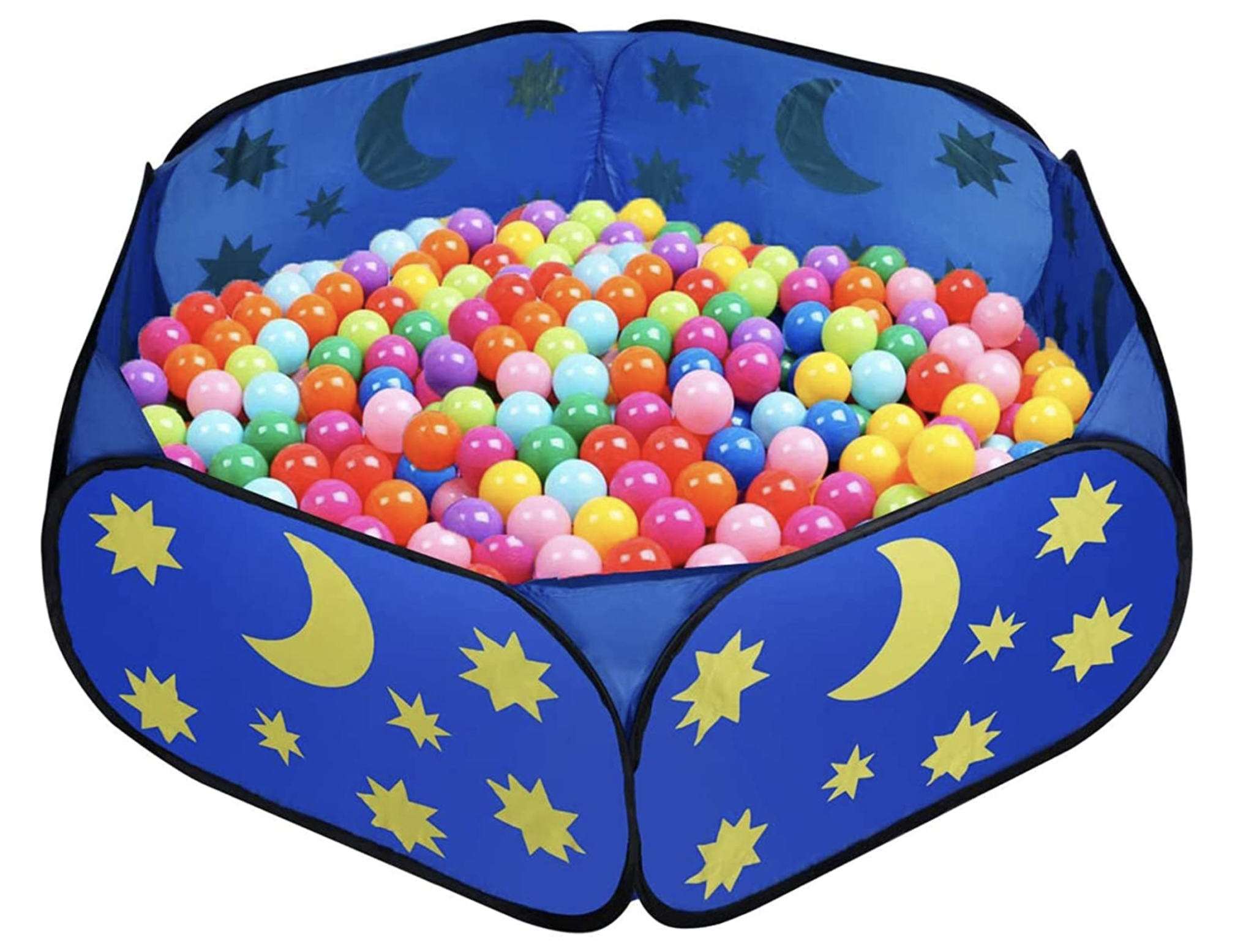 Blue hexagonal ball pit with crescent moons and stars filled with colorful plastic balls.