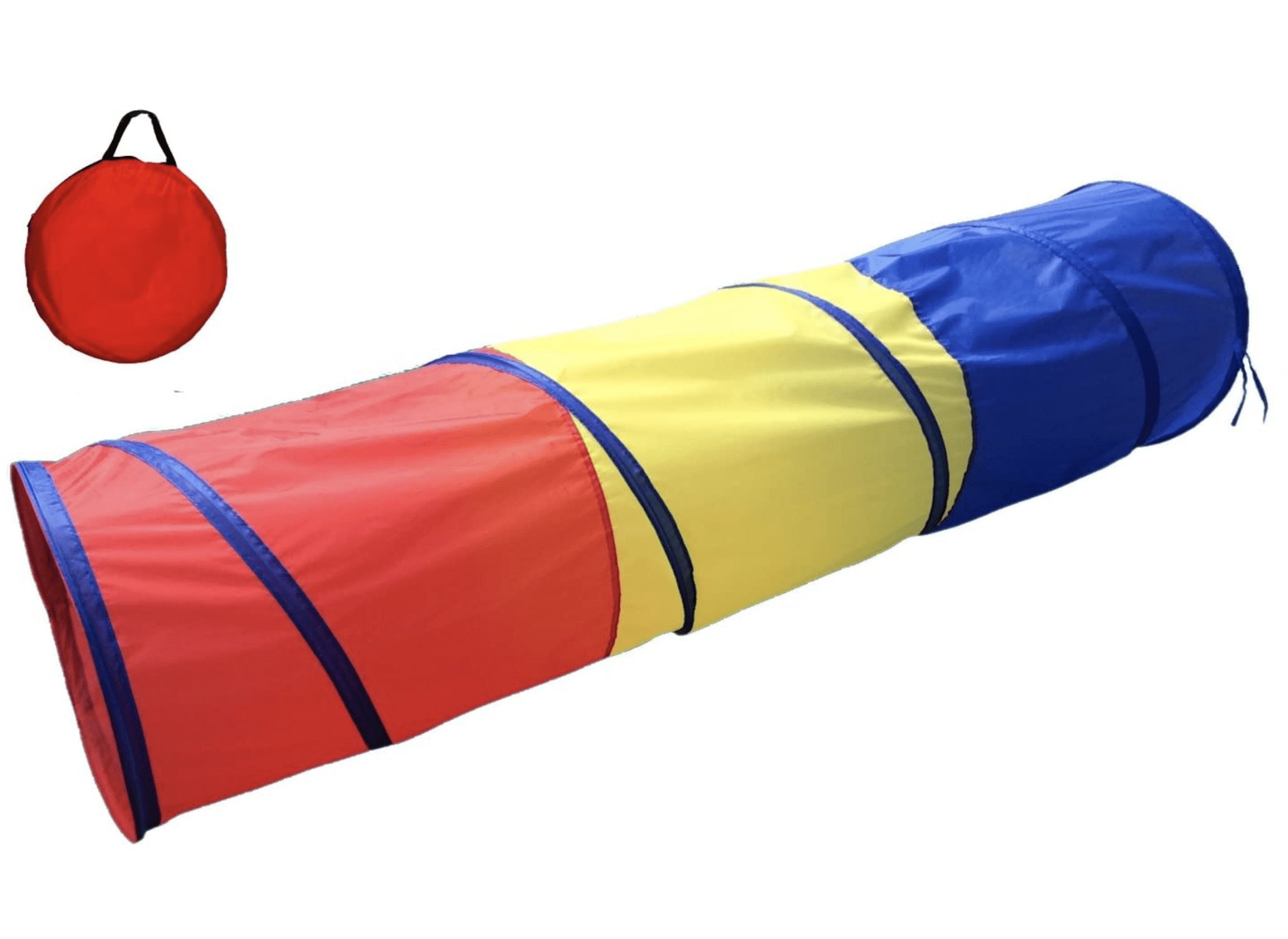 Red, yellow, and blue play tunnel with a red carrying case.