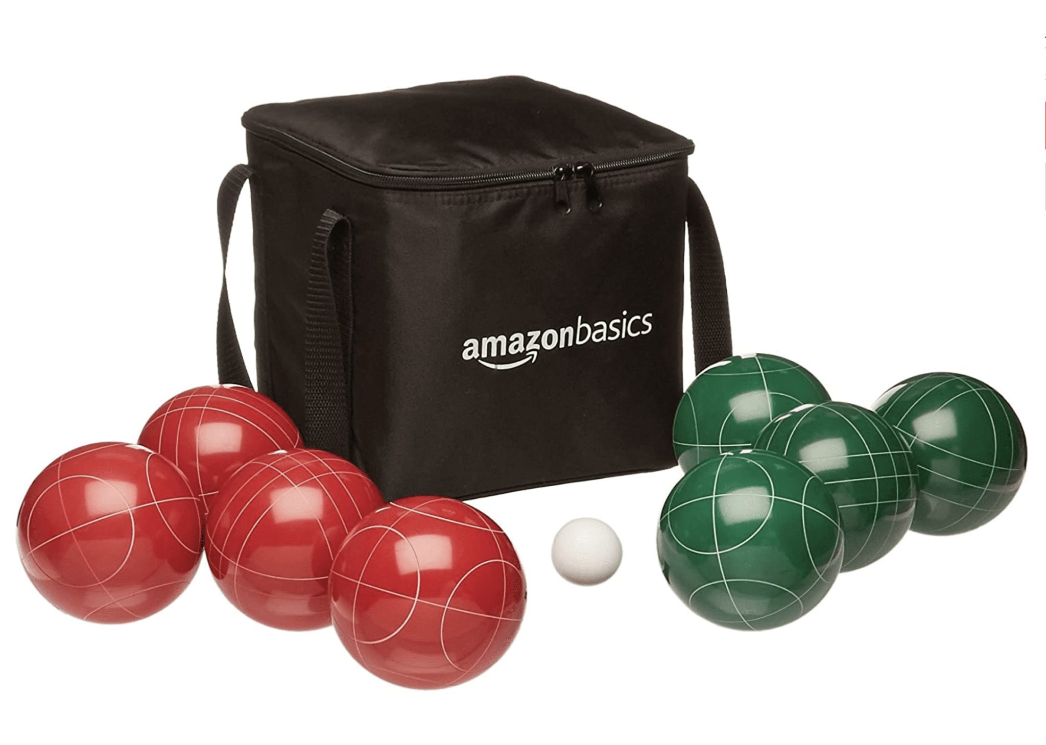 A bocce ball set with red and green balls and a black AmazonBasics bag.