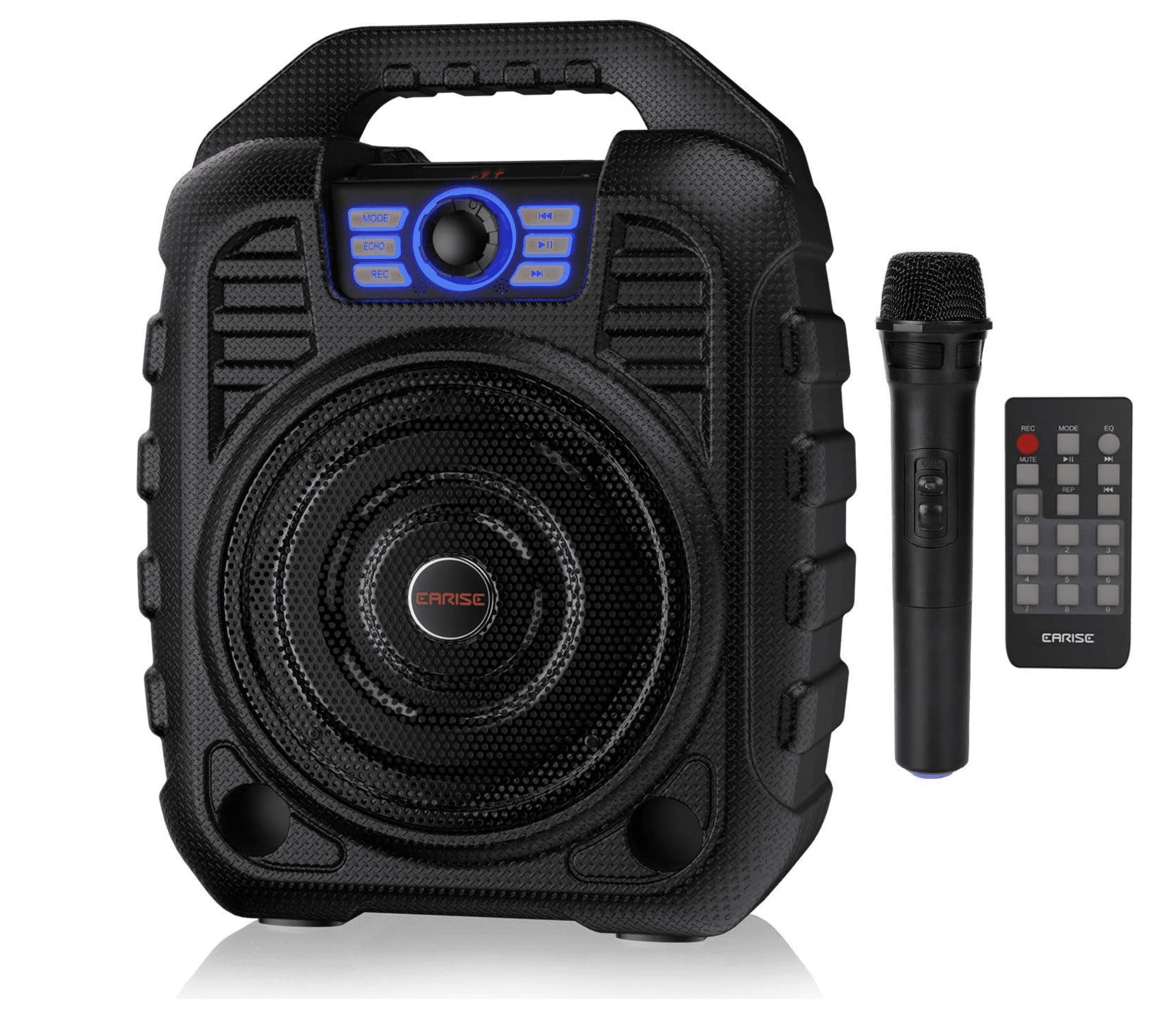 Black portable karaoke machine with a microphone and remote control.