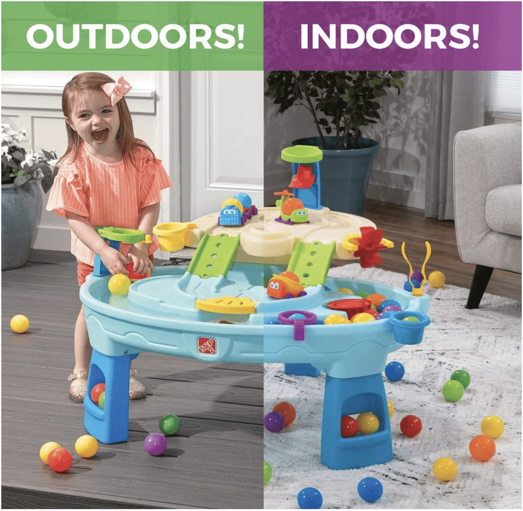A young girl plays with a Step2 Ball Buddies Adventure Center water table.