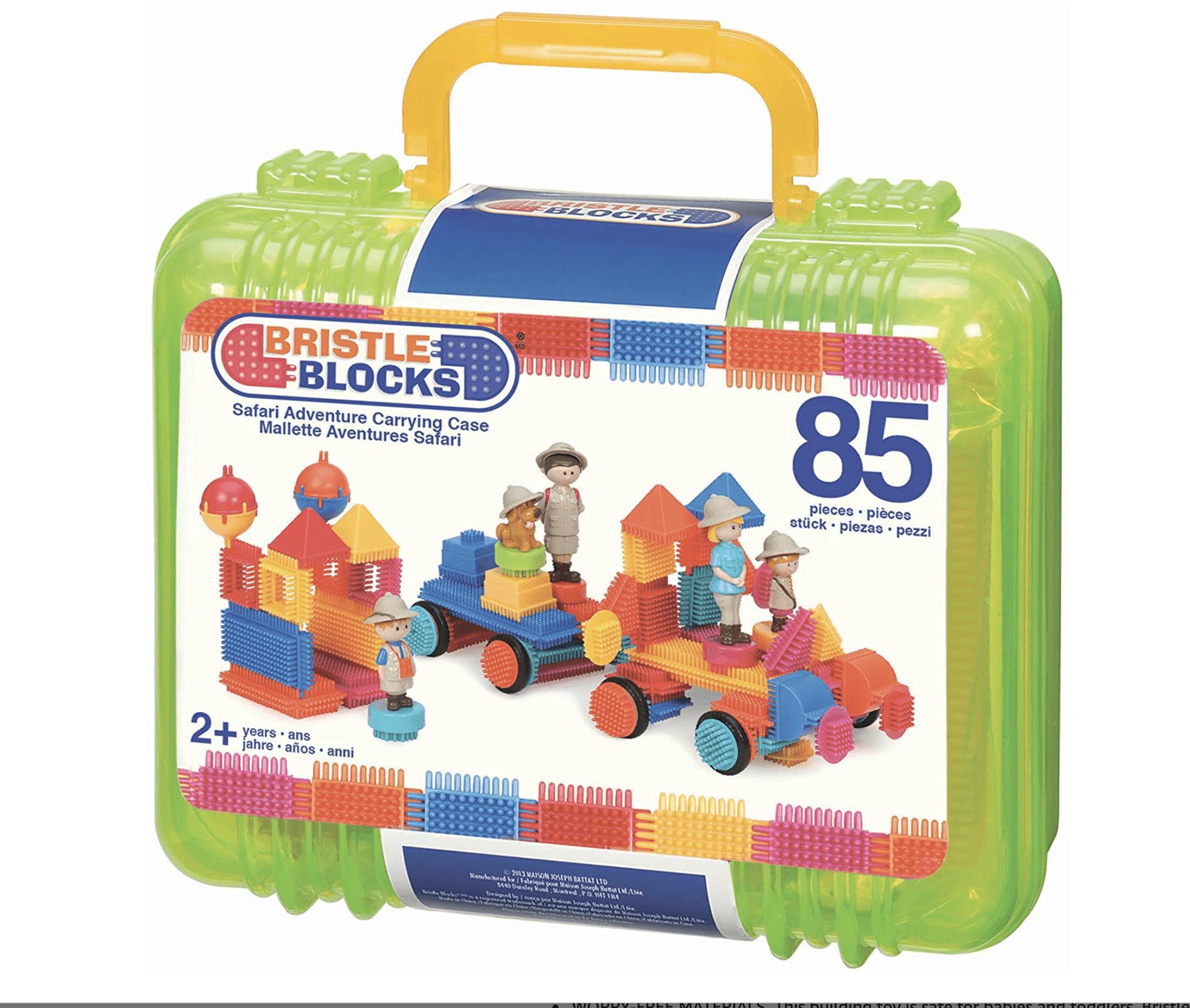 Bristle Blocks by Battat carrying case with building block creations and figures.