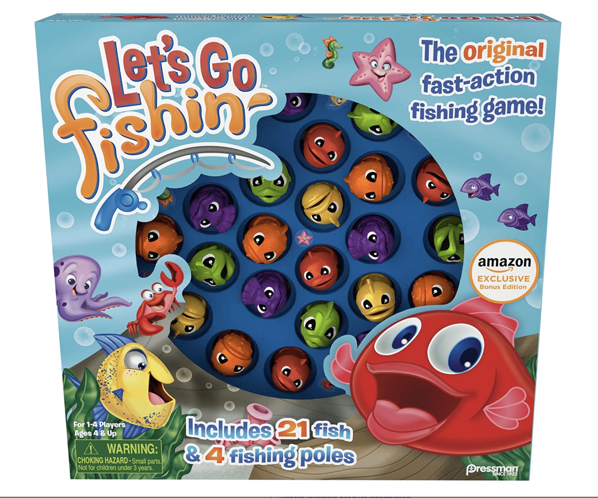 Box for the "Let's Go Fishin'" board game, featuring colorful fish and fishing poles.