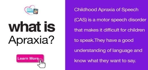 A graphic with text that says "what is Apraxia?" on the left and a description of Childhood Apraxia of Speech on the right.