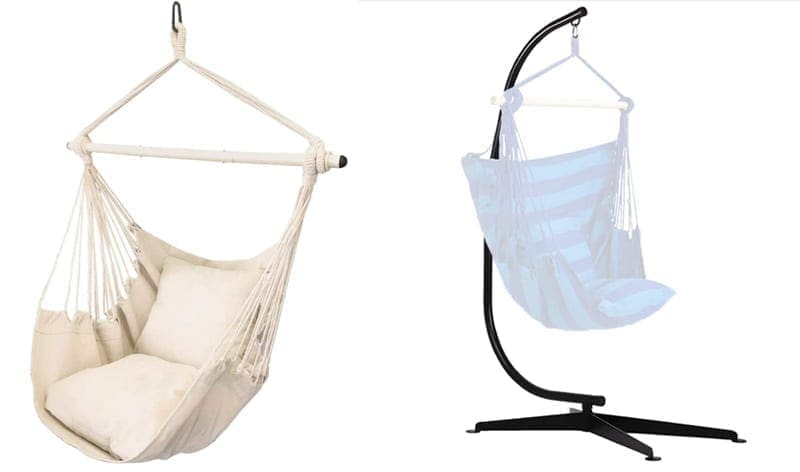 Two white hanging swing chairs on white backgrounds.