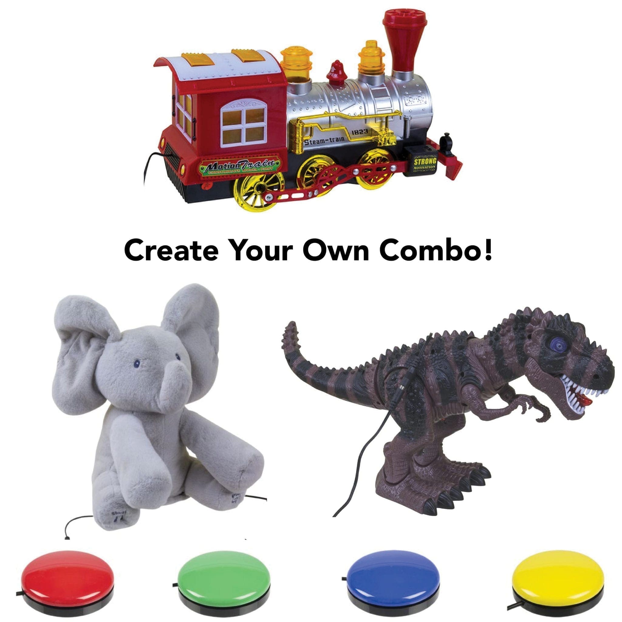 Adaptive toys including a train, elephant, and dinosaur with colorful circular switches for accessible play.