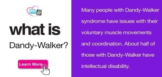 Illustration with text about Dandy-Walker syndrome and a "Learn More" button.