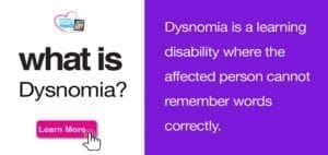 Title card for "What is Dysnomia?" with a description of the learning disability.