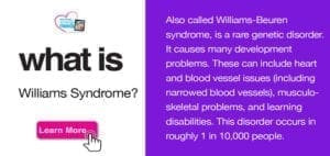 Web page with text "what is Williams Syndrome?" and information about the disorder.