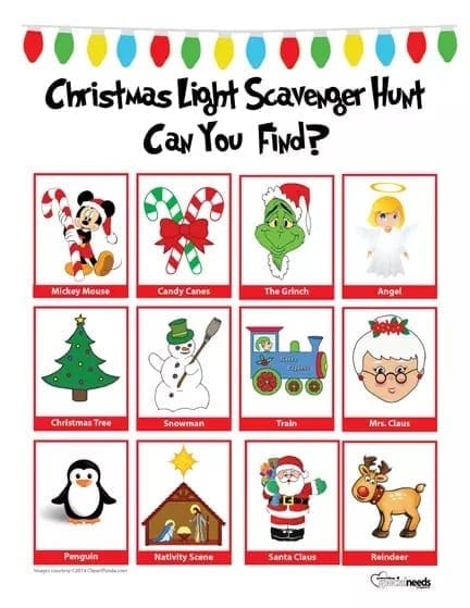 Printable grid featuring twelve icons of holiday-themed items to find during a Christmas light scavenger hunt.