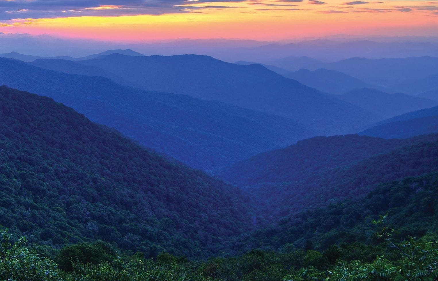 The Great Smoky Mountains of North Carolina at sunset.
