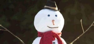 Snowman with a red scarf, black hat, and stick arms against a dark background.