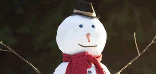 Snowman with a red scarf, black hat, and stick arms against a dark background.