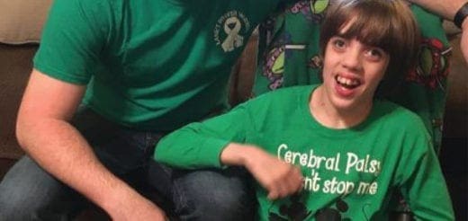 Bryant family members wear green shirts to promote cerebral palsy awareness.