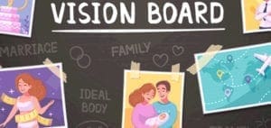 Vision board with images of marriage, family, ideal body, and travel.