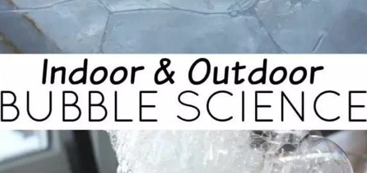 Text overlay reading "Indoor & Outdoor BUBBLE SCIENCE" on an image of frozen bubbles.
