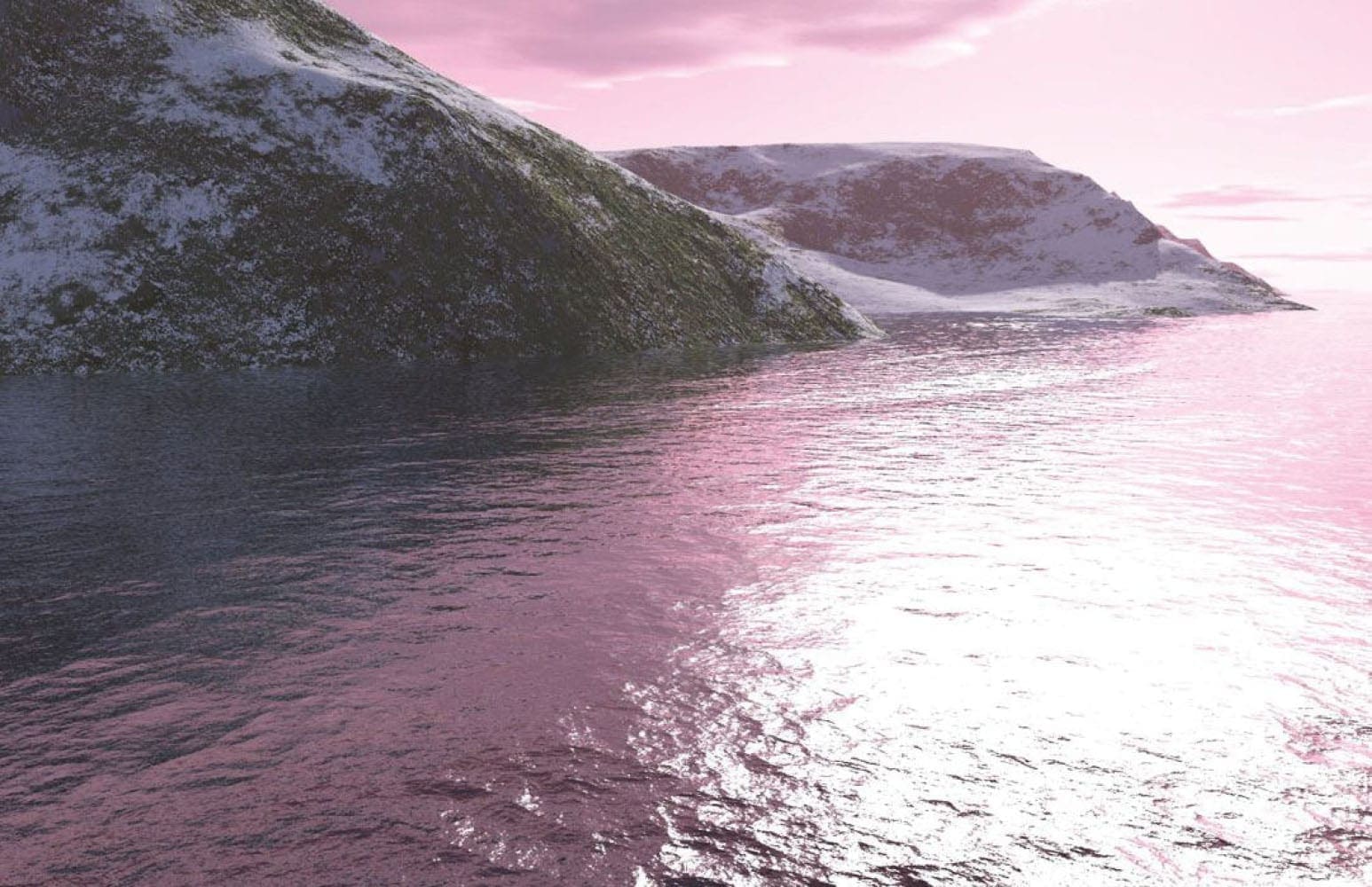 Snow-covered mountains and calm water under a pink sky at sunrise.