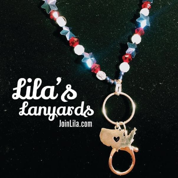 Beaded lanyard with a metallic charm, on a dark background with "Lila's Lanyards" text.