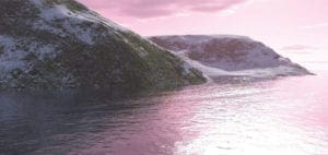 Snow-covered hills meet a calm, pink-hued sea at sunrise.