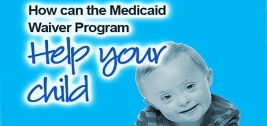 A smiling child with Down syndrome is featured on this Medicaid Waiver Program graphic.
