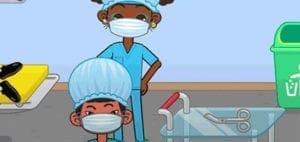 Two cartoon medical professionals wear face masks and surgical caps in a hospital setting.