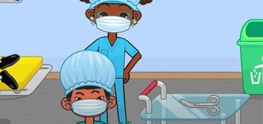 Two cartoon medical professionals wear face masks and surgical caps in a hospital setting.