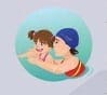 A child and an adult in swimsuits in the water.