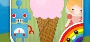 A blue robot, pink ice cream cone, and a princess next to a rainbow.