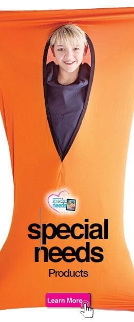 Boy in an orange sensory sack with "special needs Products" text.