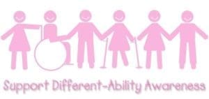 Pink figures holding hands with one in a wheelchair and two with canes, with text "Support Different-Ability Awareness" below.