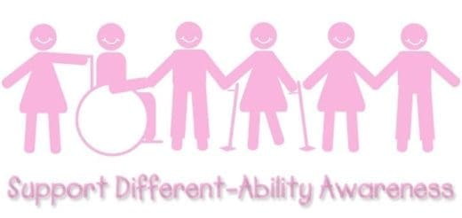 Pink figures holding hands with one in a wheelchair and two with canes, with text "Support Different-Ability Awareness" below.