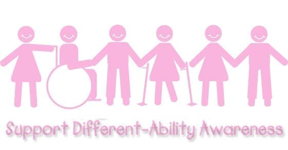 Stylized pink figures holding hands, including individuals using a wheelchair and crutches, above the text Support Different-Ability Awareness.