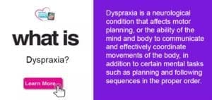 Definition of dyspraxia with a "Learn More" button.