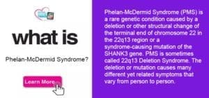 Diagram explaining Phelan-McDermid Syndrome with text and a "Learn More" button.