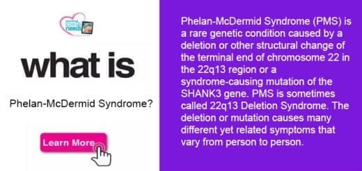 Diagram explaining Phelan-McDermid Syndrome with text and a "Learn More" button.