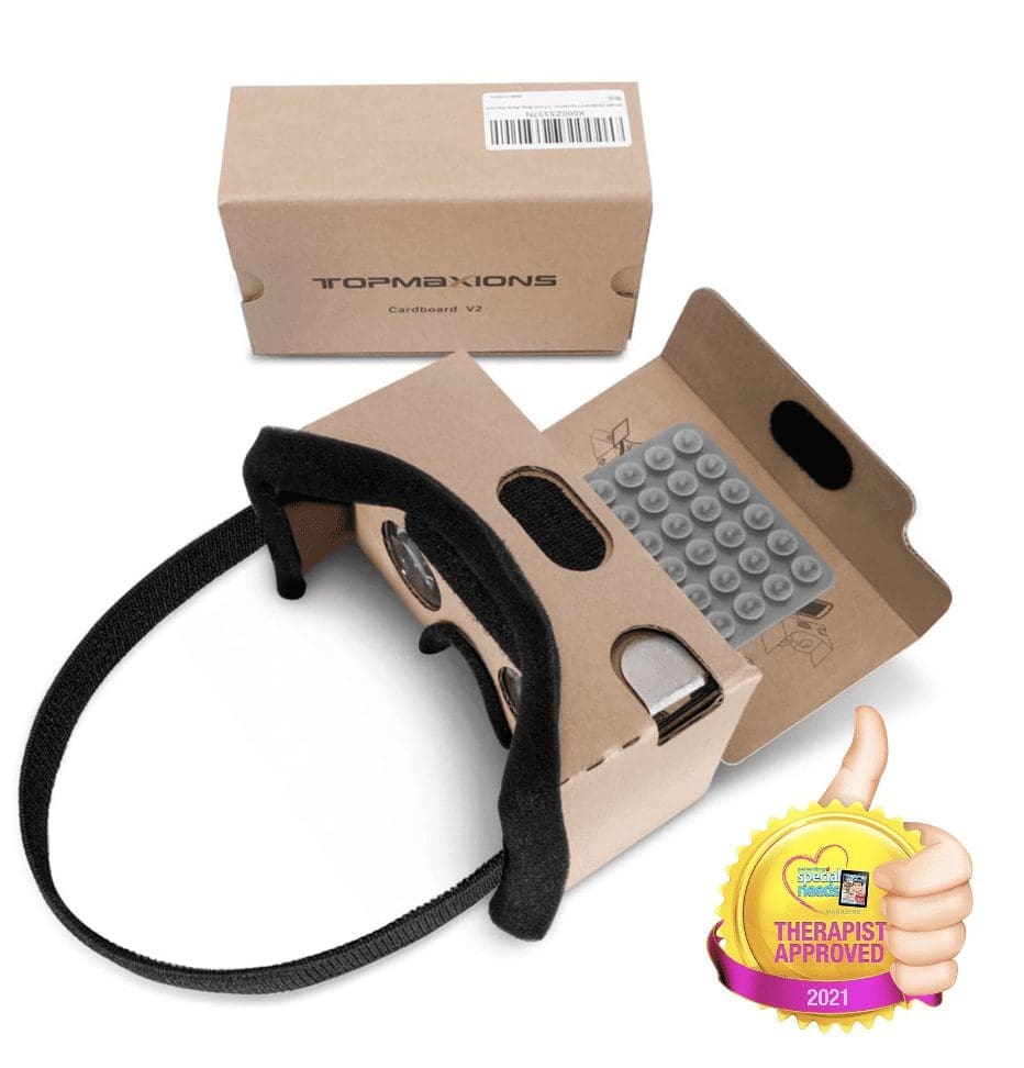 Google Cardboard VR viewer with a cardboard box and a "Therapist Approved" sticker