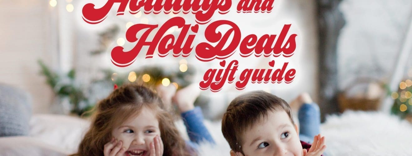 2021 Holidays and Holi-Deals gift guide with two children smiling.