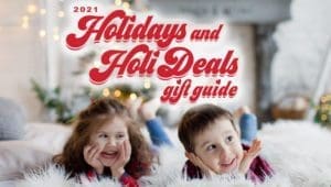 2021 Holidays and Holi-Deals gift guide with two children smiling.