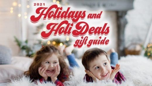 2021 Holidays and Holi-Deals gift guide with two children smiling.