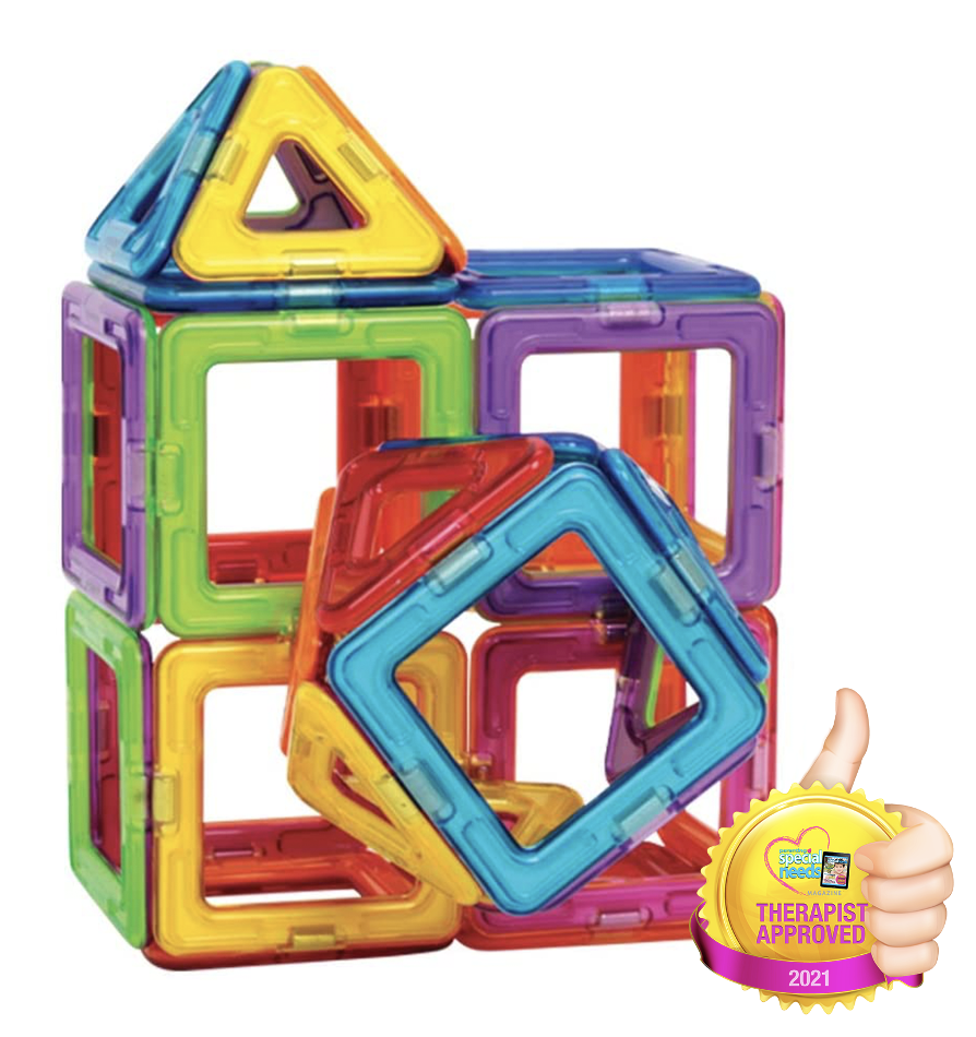 A colorful Magformers structure with a "Therapist Approved 2021" badge.