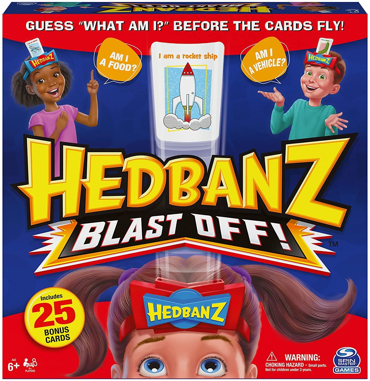 Hedbanz Blast Off! board game box featuring cartoon children wearing headbands with cards.