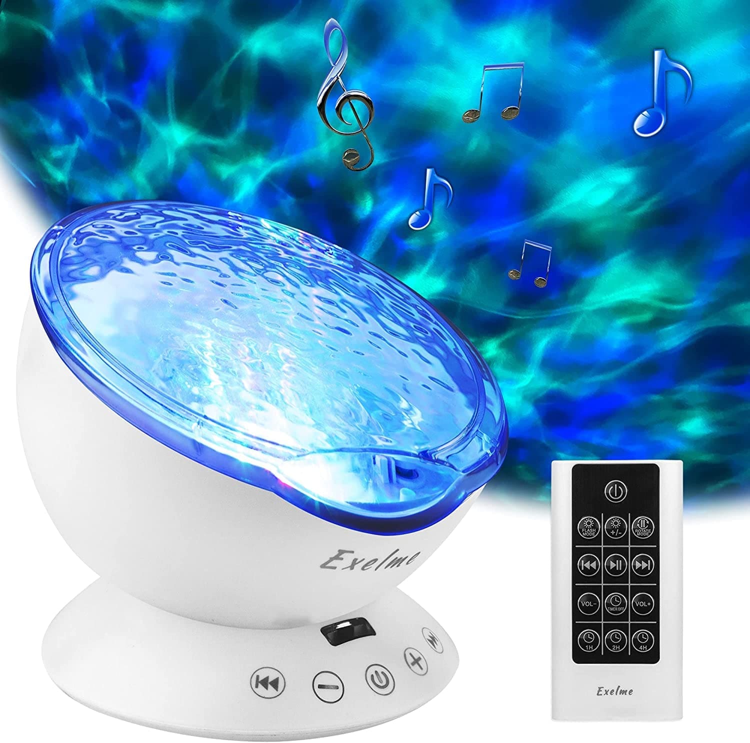 White ocean wave night light projector with remote control projecting blue and green lights and music notes.