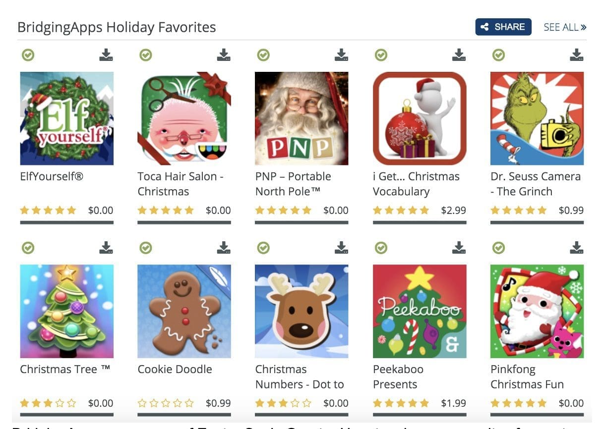 BridgingApps Holiday Favorites app icons with Christmas themes.
