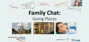 Family Chat: Going Places title card with images of a castle, a store interior, and a child at the dentist.