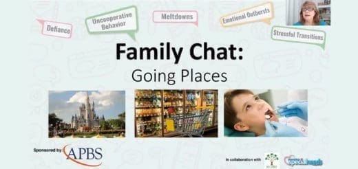 Family Chat: Going Places title card with images of a castle, a store interior, and a child at the dentist.